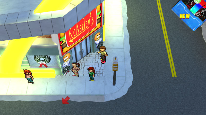 Shows a screenshot of the game with characters near a store during winter time.