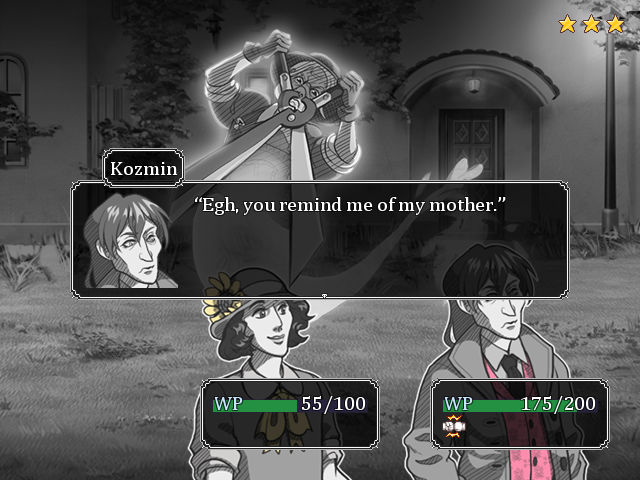 Battle screen showing a banter between the main characters and a ghost.