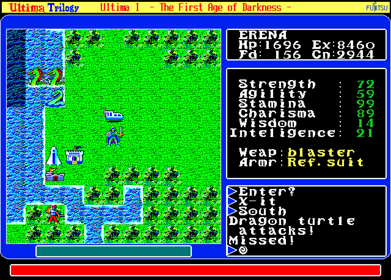 Shows the overworld, with some vehicles, a castle, a city, enemies and the player's character. 