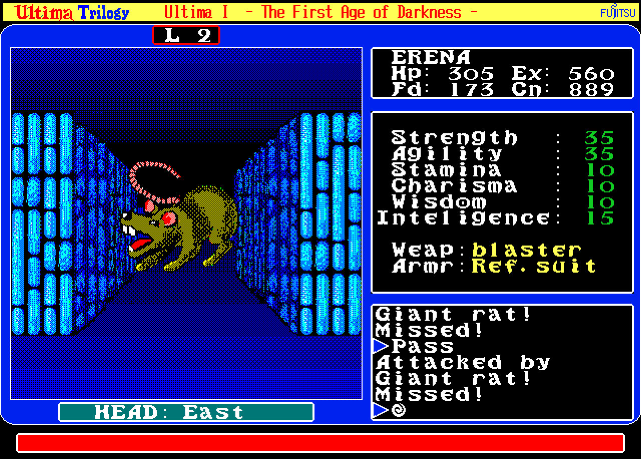 Shows a first-person view of a dungeon corridor, with a giant rat enemy at its end