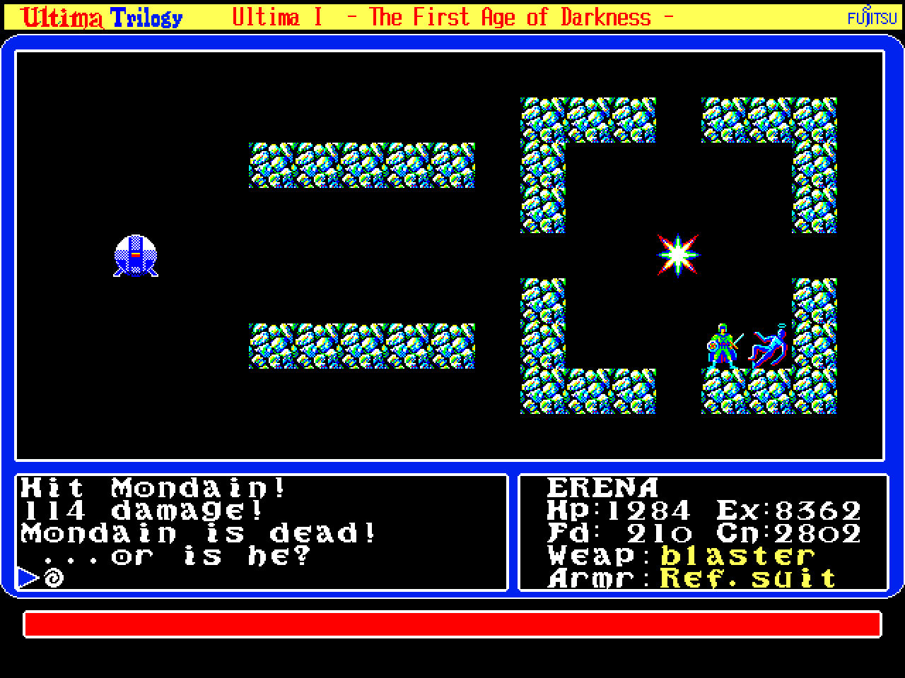 Shows the player character near Modain's dead body.