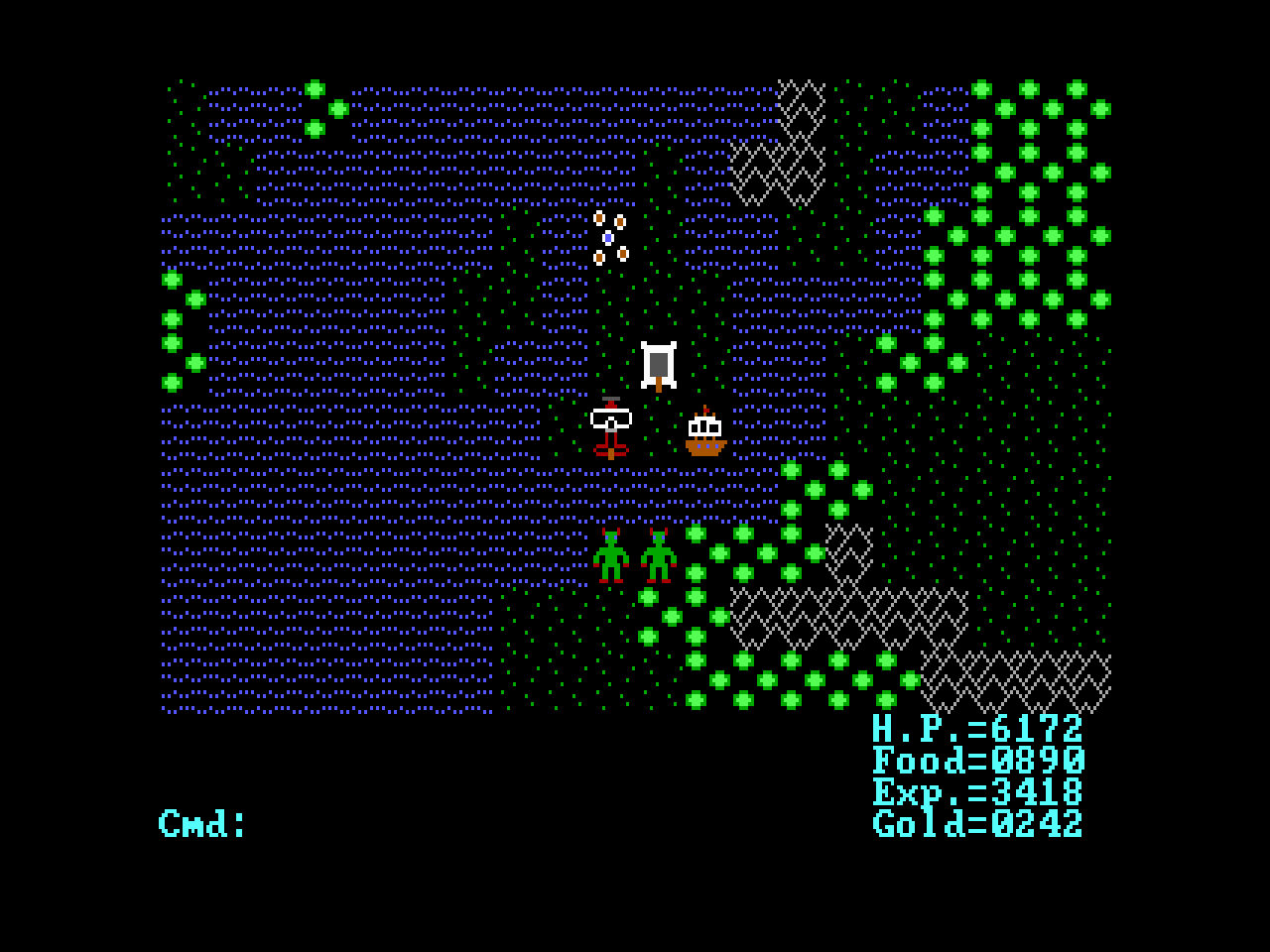 Shows the main character on the overworld in EGA video mode with the Classic EGA Tileset