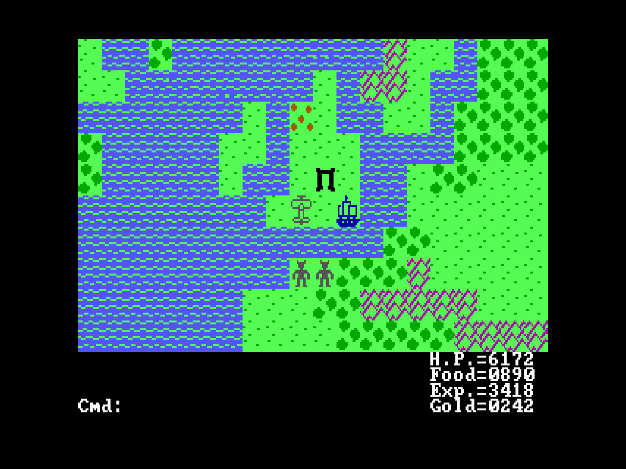 Shows the main character on the overworld in EGA video mode with the Commodore 64 Tileset