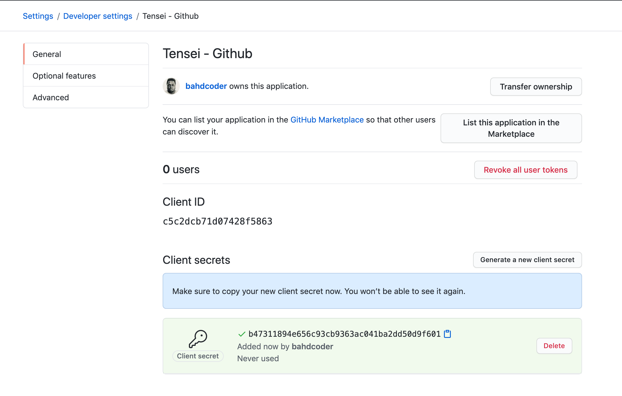 new github oauth application details