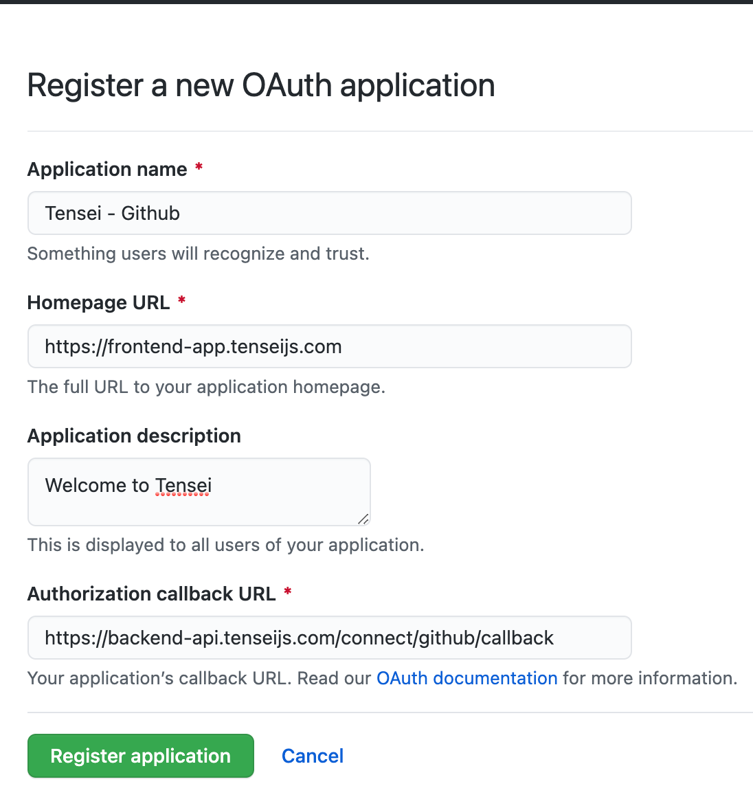 new github oauth application