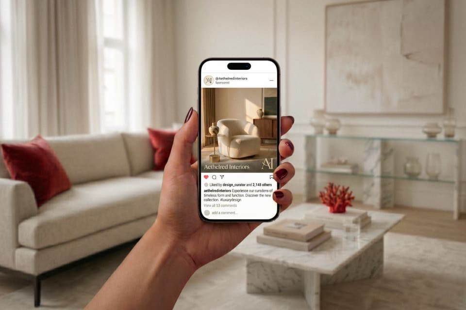Hand hält ein Smartphone mit einer Meta-Ad für eine Luxus-Interior-Marke