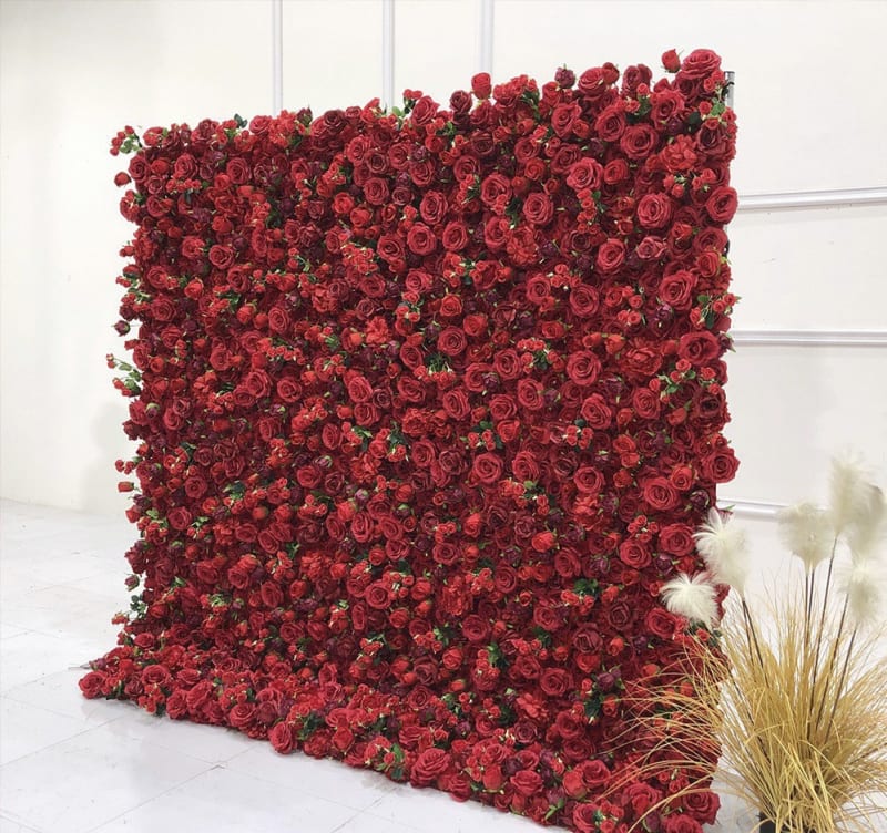 a large red flowered wall next to a potted plant and a plant in front of a white wall