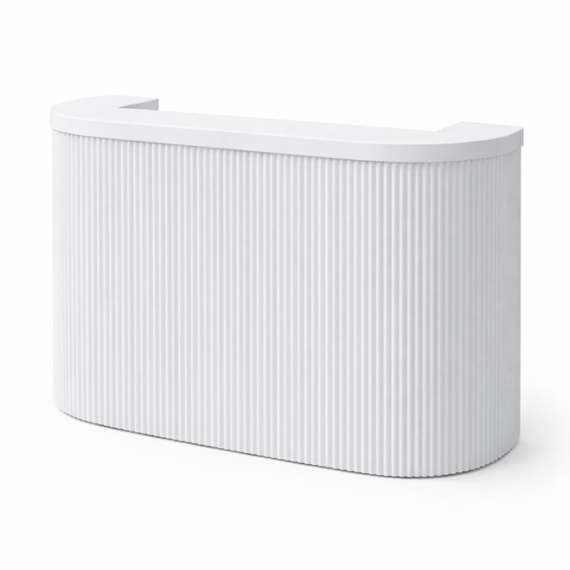 A white, curved cabinet or sideboard with a ribbed or fluted design, set against a plain white background.