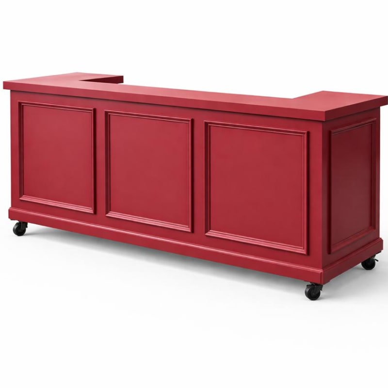 A bright red wooden cabinet with three doors and casters on the bottom, standing against a plain white background.