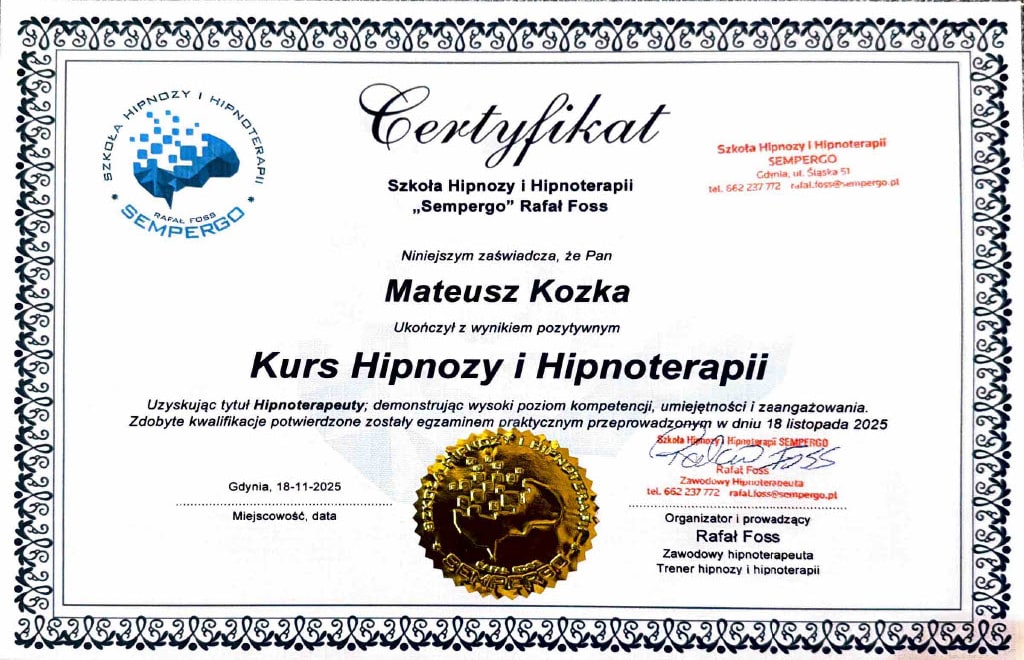 Certyfikat Hipnoza i Hipnoterapia