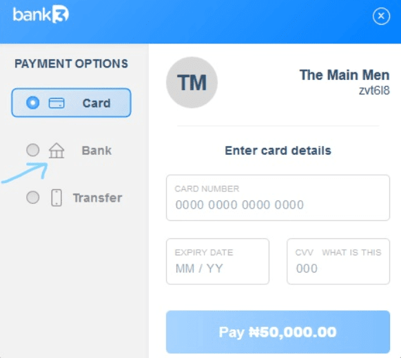 Select the bank option