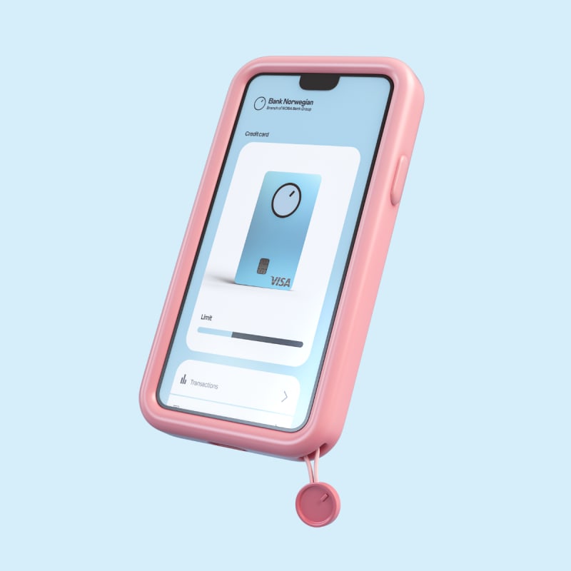 En smartphone i et lyserødt cover, der viser det lyseblå kreditkort og en oversigt over kreditgrænsen i Bank Norwegian-appen.