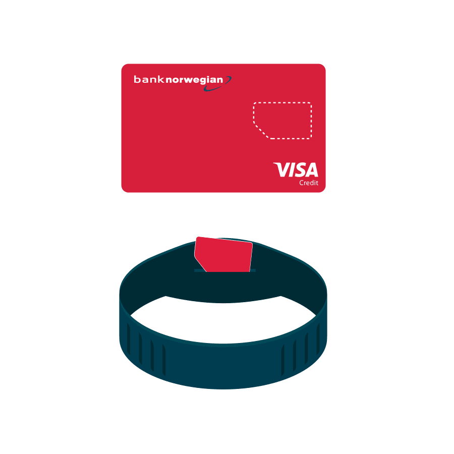 Illustrasjon av Bank Norwegian mikro kredittkort og et blått armbånd som huser mikrokortet.