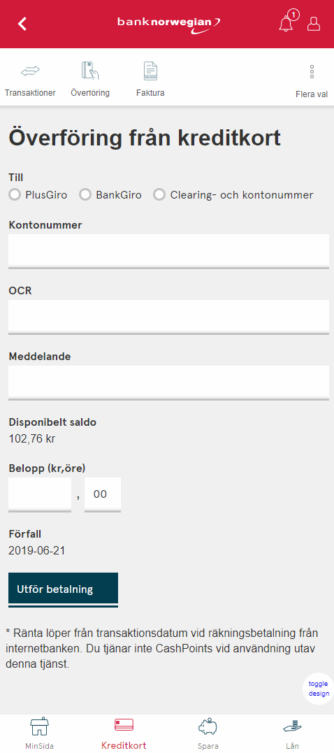 Betalning och överföring från kreditkort