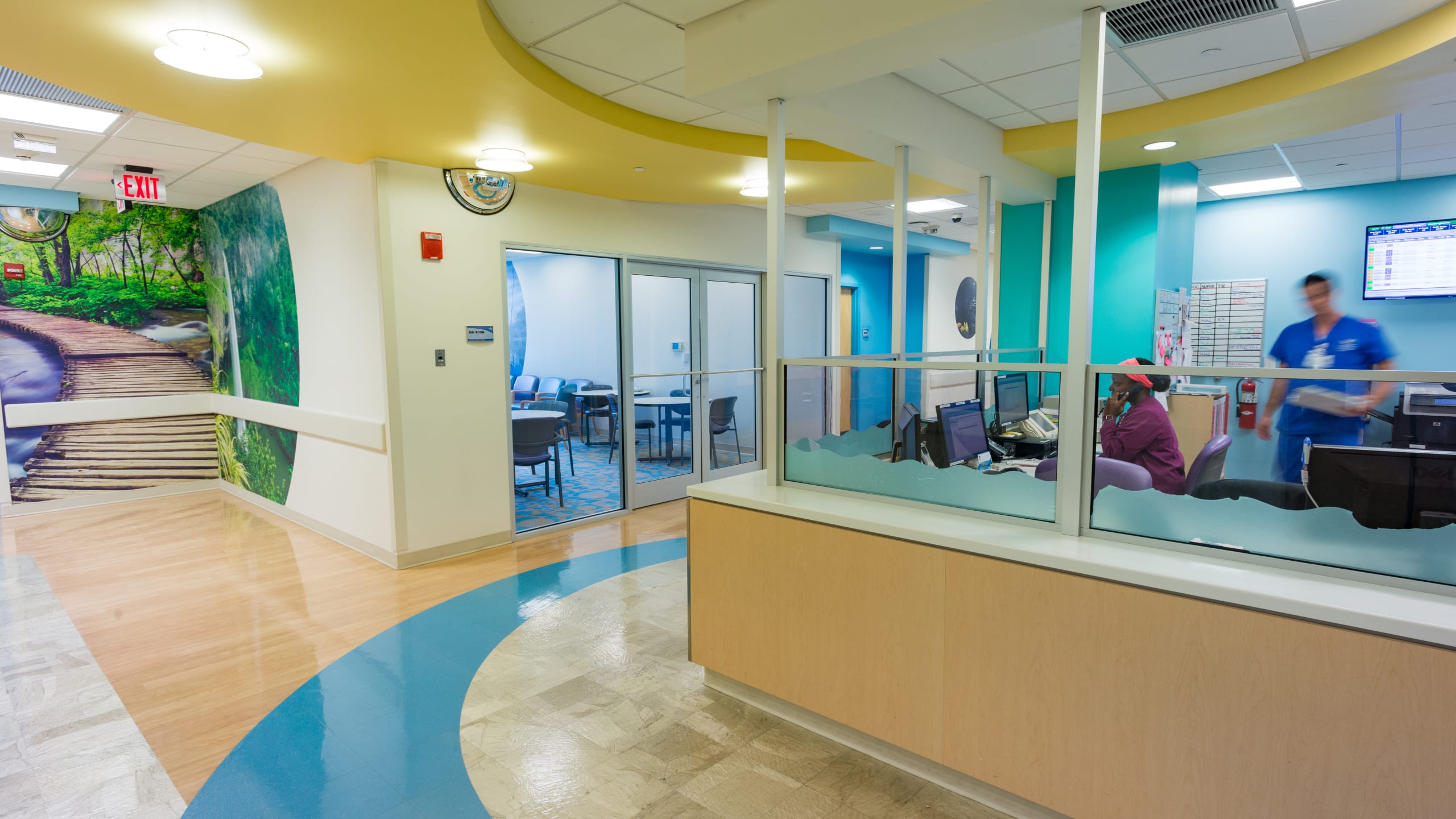 interior of Wolfson Children's hospital with nurses at a work station