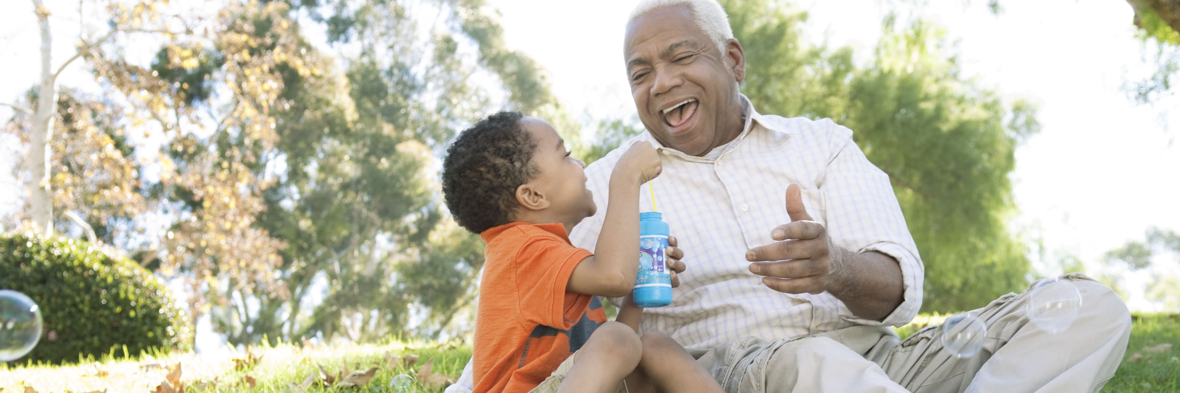grandfather blowing bubbles with grandson sitting on the grass in a sunny field.