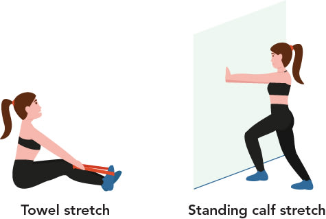 Female demonstrating a towel stretch and standing calf stretch
