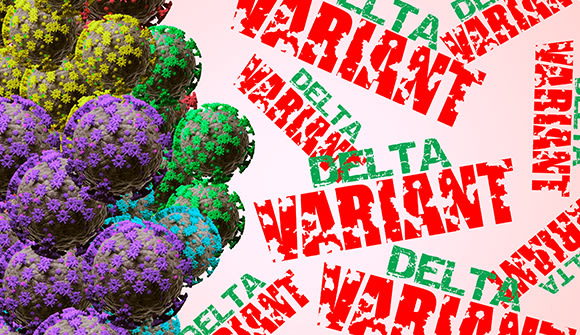 graphic depicting multicolored virus with the words delta variant stamped across