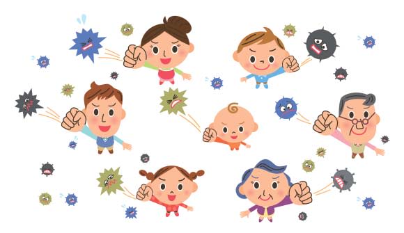 Cartoon of the "flu fighters" fighting off germs associated with the flu