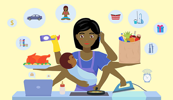 Woman juggling baby and several chores at once