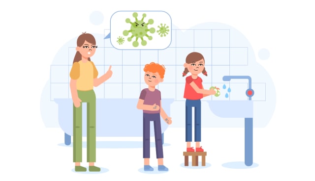 illustration of mom and kids in the bathroom washing their hands