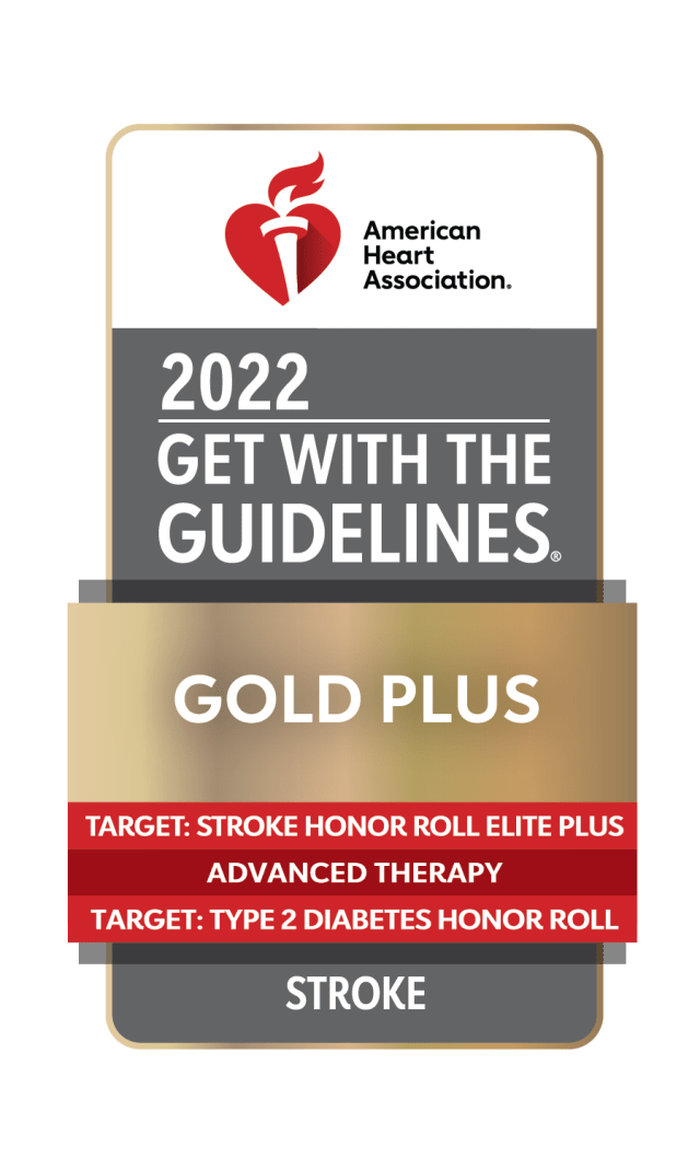 2022 get with the guidelines gray and gold stroke award logo with red ribbons highlighting "target stroke honor roll elite plus," "advanced therapy" and "target type 2 diabetes honor roll"