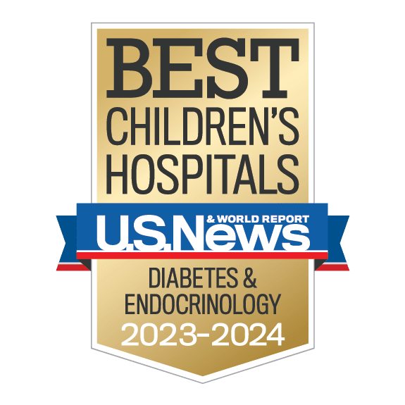 Gold, blue and red colored award badge reading "BEST CHILDREN'S HOSPITALS, U.S. News and World Report, Diabetes & Endocrinology, 2023-2024"