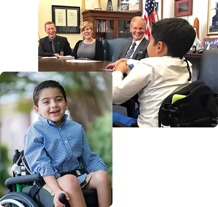grouping of two photos - Jacob in his wheelchair and Jacob meeting with members of the legislature