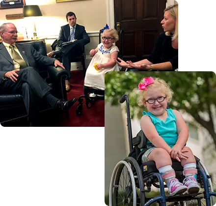 group of two photos - Norah in her wheelchair and Norah meeting with members of legislature