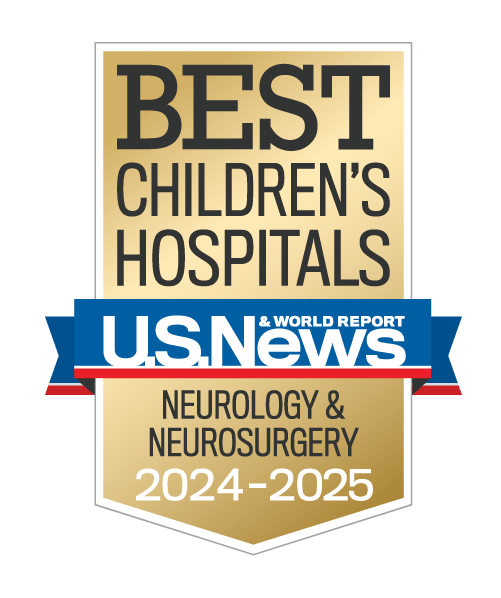 Gold, blue and red colored award badge reading "BEST CHILDREN'S HOSPITALS, U.S. News and World Report, Neurology and Neurosurgery, 2023-2024"