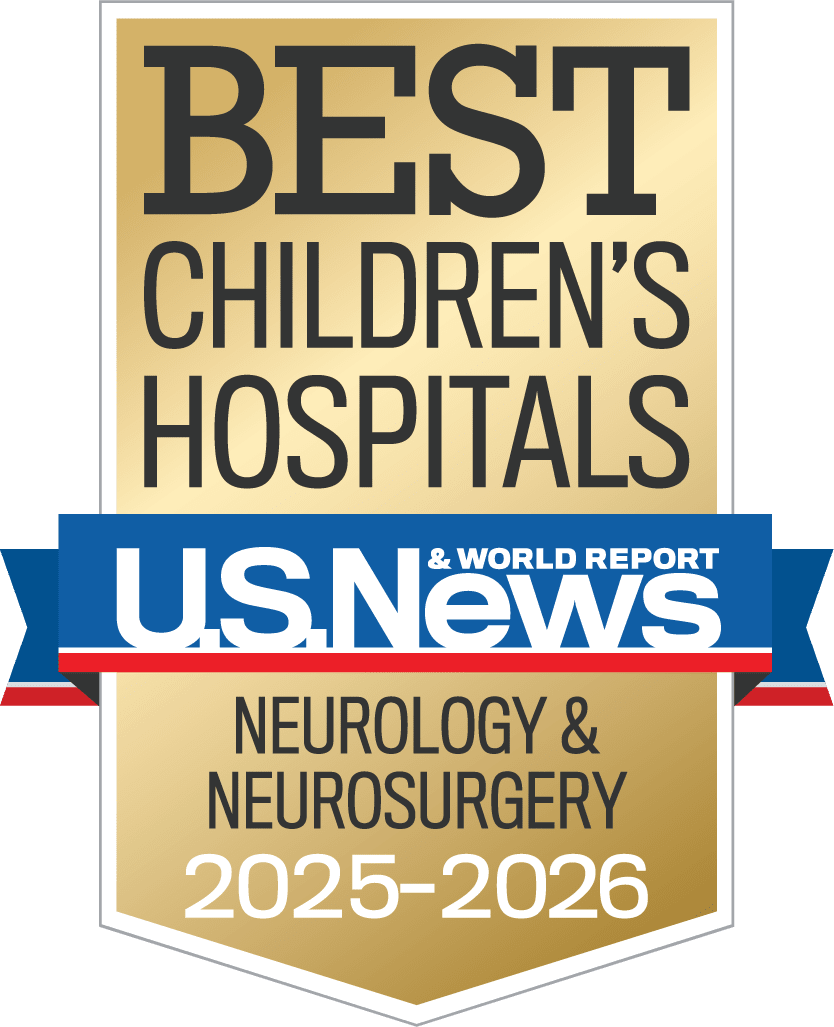 Gold, blue and red colored award badge reading "BEST CHILDREN'S HOSPITALS, U.S. News and World Report, Neurology and Neurosurgery"