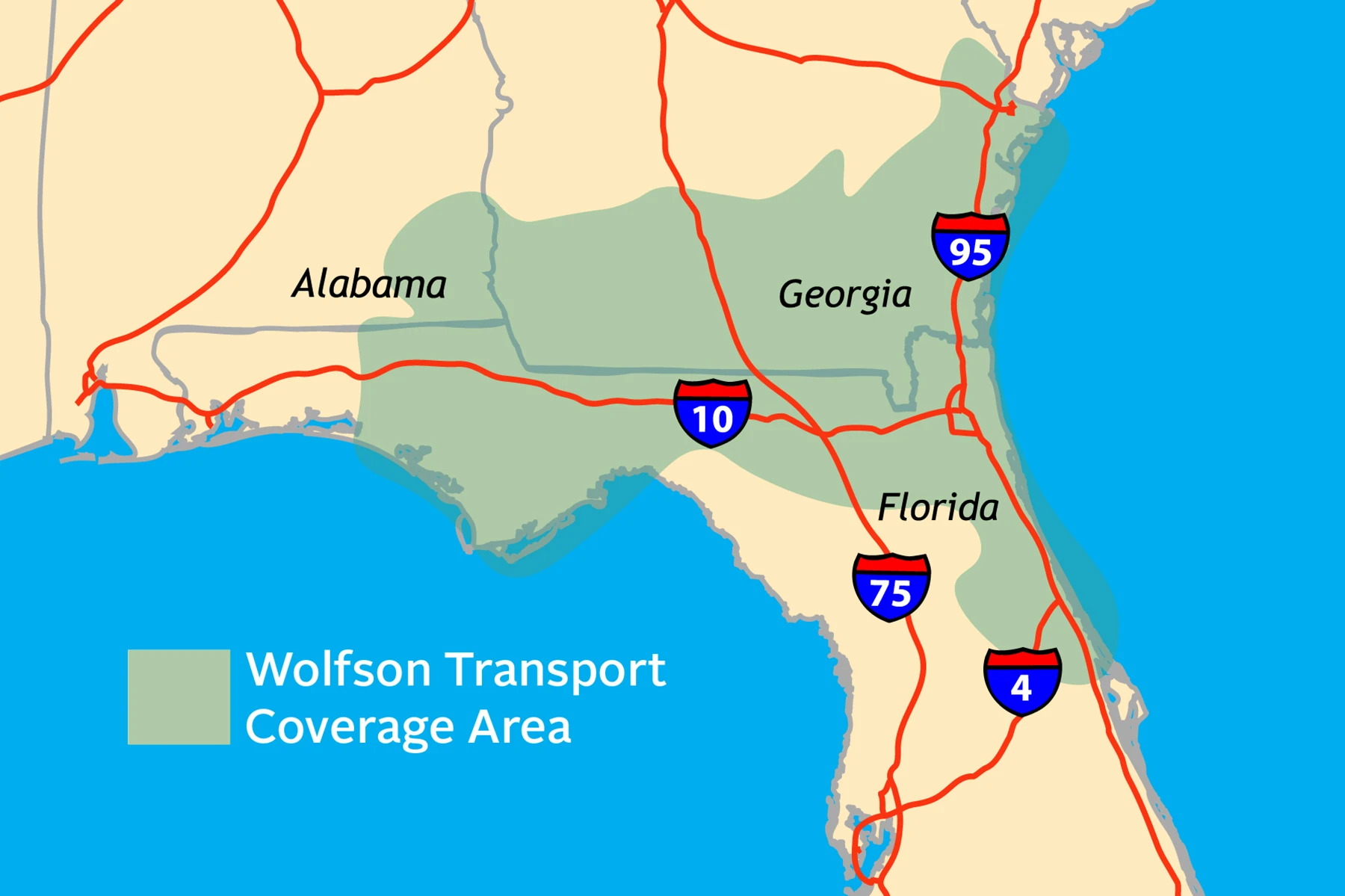 map of Georgia, Florida and Alabama showing the Wolfson Transport Coverage Area