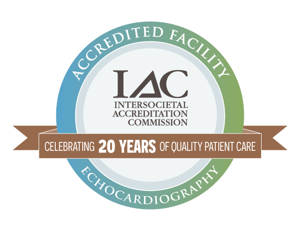 a graphic logo that says "Accredited Facility Echocardiography, IAC Intersociety Accreditation Commission, Celebrating 20 Years of Quality Patient Care"