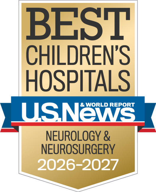 Gold, blue and red colored award badge reading "BEST CHILDREN'S HOSPITALS, U.S. News and World Report, Neurology and Neurosurgery"