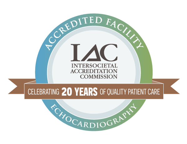 a graphic logo that says "Accredited Facility Echocardiography, IAC Intersociety Accreditation Commission, Celebrating 20 Years of Quality Patient Care"