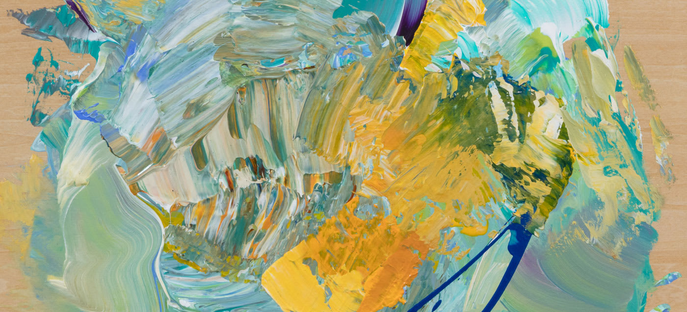 abstract painting with a mix of yellow, blue, green and white brush strokes