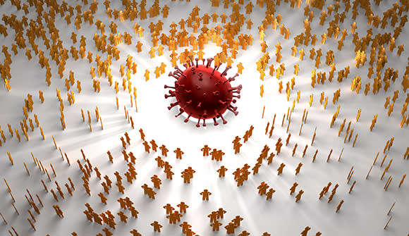 a graphic of a virus with orange human cutouts standing around it