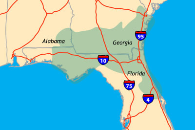 map of Georgia, Florida and Alabama showing the Wolfson Transport Coverage Area