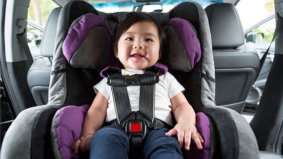 a child properly secured in a car seat