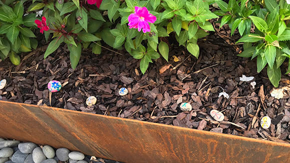 Painted rocks in Baptist MD Anderson Cancer Center courtyard.