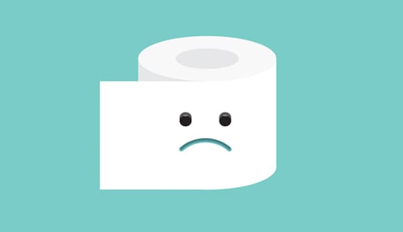 Unhappy toilet paper roll representing constipation