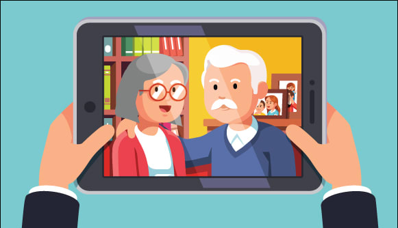 Older couple on the screen of a device visiting son
