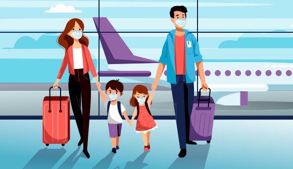 Graphic of family of four wearing masks at the airport.