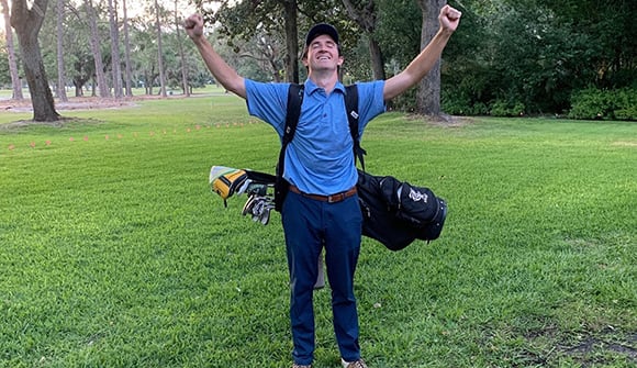 brain tumor patient Bender Middlekauff on golf course after surgery