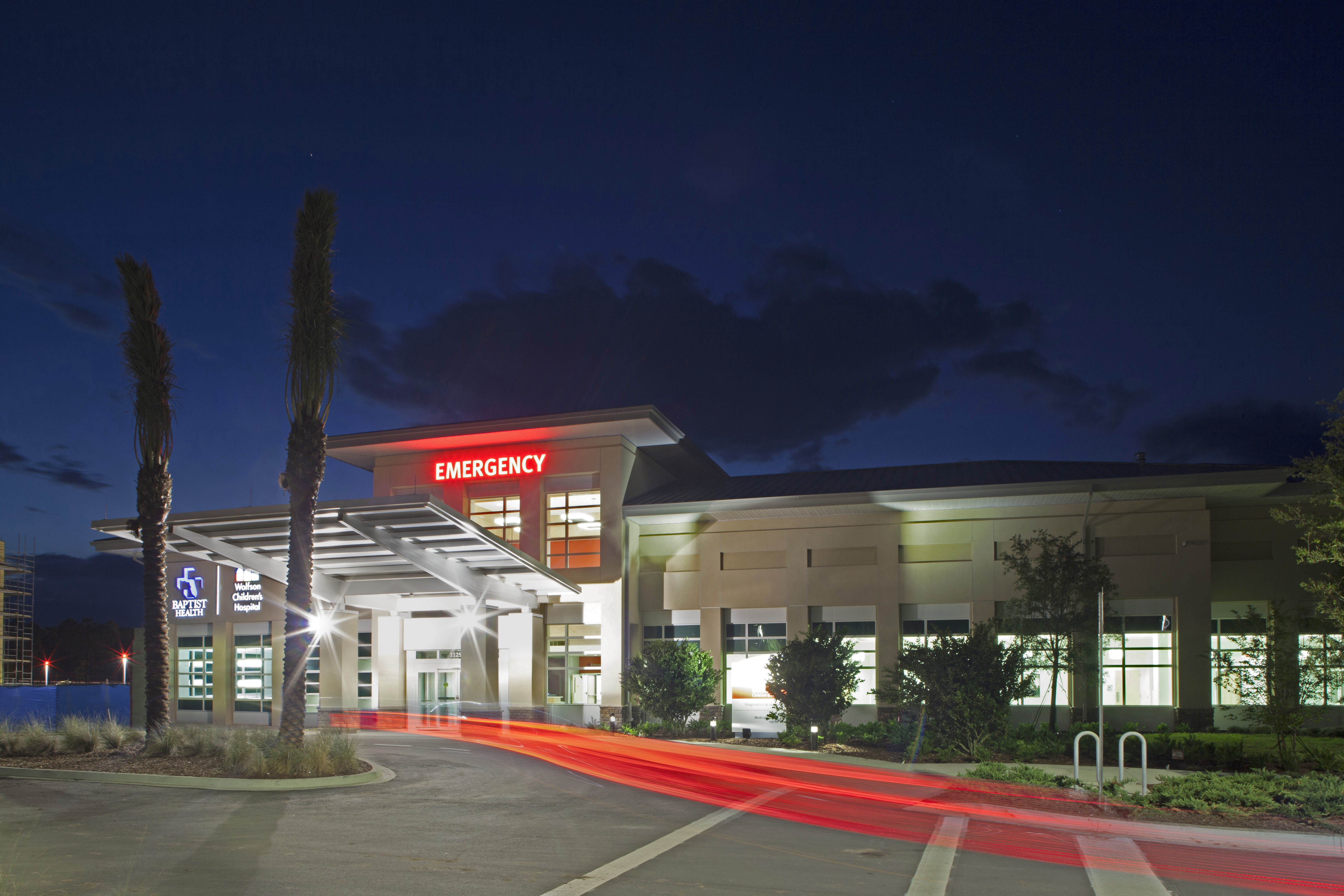 nighttime exterior photo of a wolfson children's emergency center