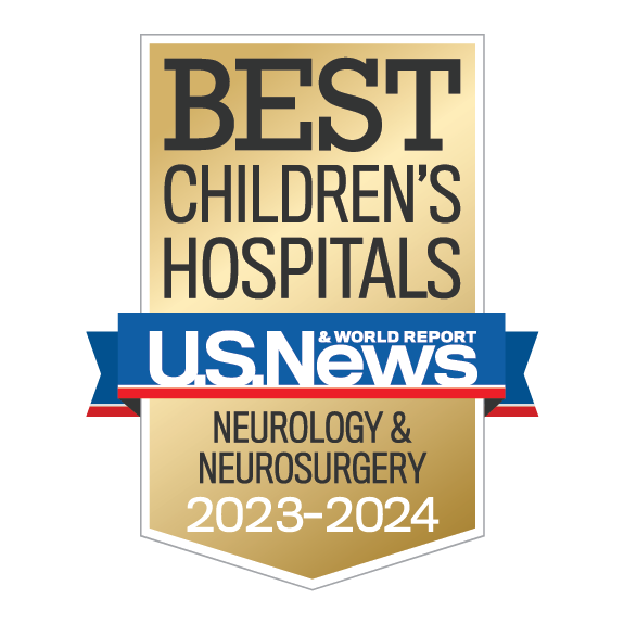 Gold, blue and red colored award badge reading "BEST CHILDREN'S HOSPITALS, U.S. News and World Report, Neurology and Neurosurgery, 2023-2024"