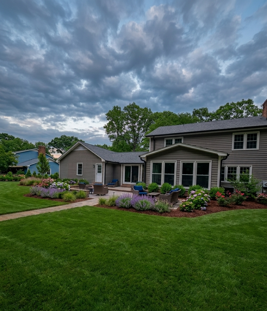 A North Carolina home with a fully landscaped property at dusk