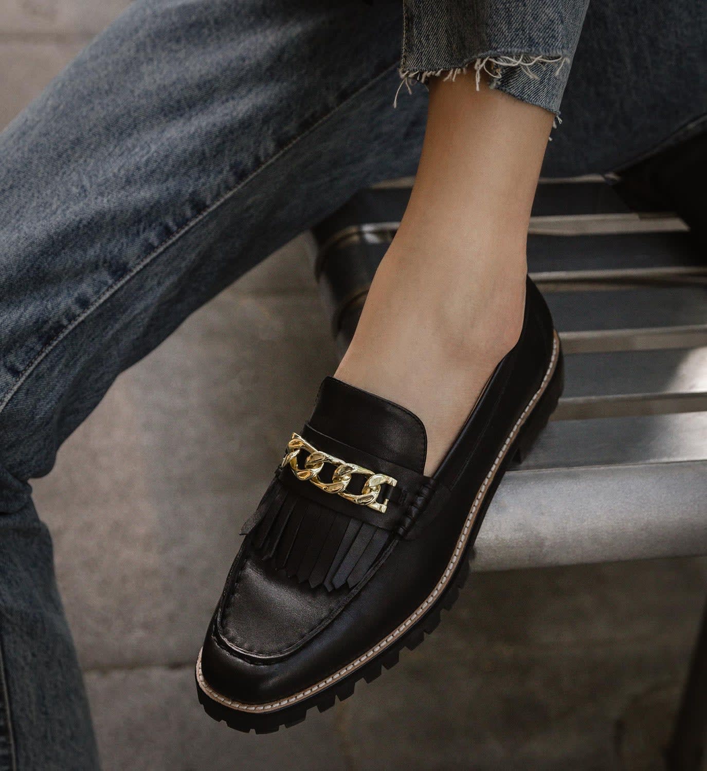 Elaenia Black Leather with Chain Loafers | Bared Footwear