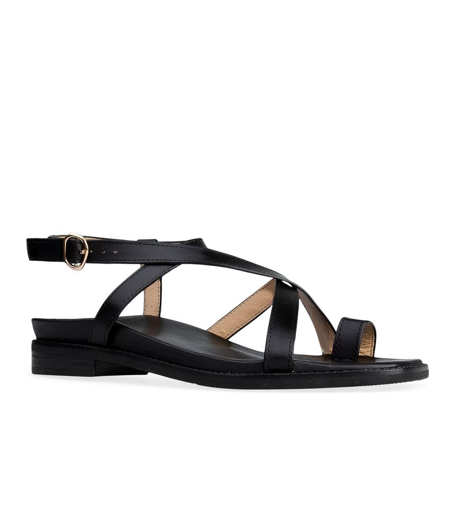 Shelduck Black Leather Flat Sandals | Bared Footwear