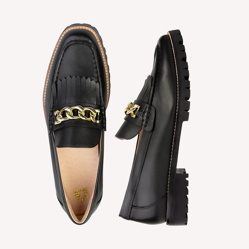 Elaenia Black Leather with Chain Loafers